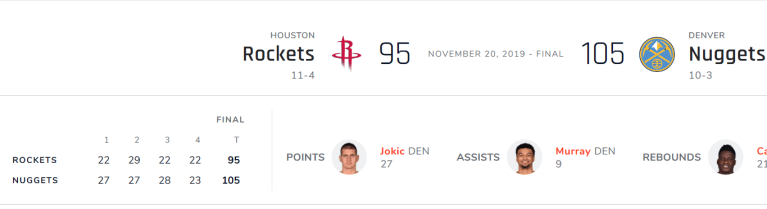 nuggets rockets nov 20 score
